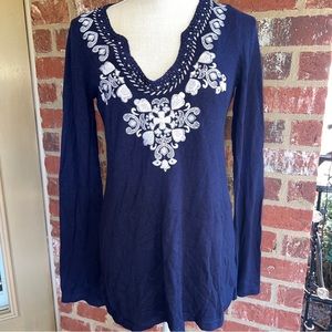 Lilly Pulitzer April Navy Blue Embroidered Tunic Sweater Top Size S Wool